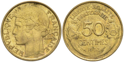 ФРАНЦИЯ 50 САНТИМОВ 1932 ТИП MORLON, OPEN 9, БЕЗ ЯГОДЫ KM 894.1, LE FRANC 192.7 алюминиевая бронза 44-732