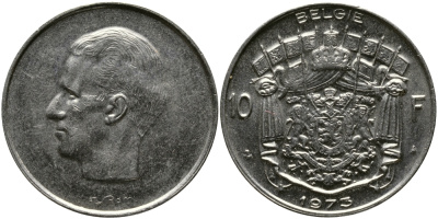 БЕЛЬГИЯ 10 ФРАНКОВ 1973 BELGIE, БОДУЭН I (1951-1993) KM 156.1 никель 3333-1043