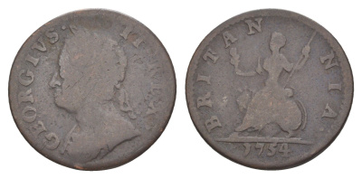 Великобритания 1 фартинг 1754 Георг II (1727-1760) KM 581.2, Spink 3722 медь 1522-643