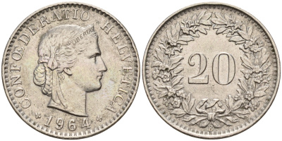 Швейцария 20 раппенов 1964 B KM 29a медно-никель    4161-652