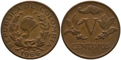 Колумбия 5 сентаво 1966 KM 206, Schon 27, Hernandez 382, Restrepo 370.29 медь 4576-1246
