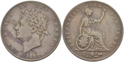 Великобритания 1/2 пенни 1827 Георг IV (1820-1830) KM 692, Spink 3824 медь 1518-1341