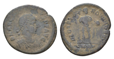 Римская Империя майорина 392-395 Аркадий, D N ARCADIVS P F AVG, бюст императора/GLORIA ROMANORVM, император с лабарумом, Никомедия LRBC 2422 медь 1100-11-41
