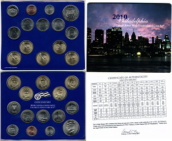 США полный годовой набор из 14 монет (1, 5, 10 (дайм) и 25 (квотер) центов; 1/2 (50 центов) и 1 доллар) 2010 P, в оригинальной упаковке с сертификатами KM 468, 381, 195a, A202b, 469, 470, 471, 472, 473, 474, 475, 476, 477 и 478 UNC 8-2-06-40
