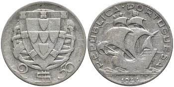 Португалия 2,50 эскудо 1944 парусник КМ 580 серебро 202-357