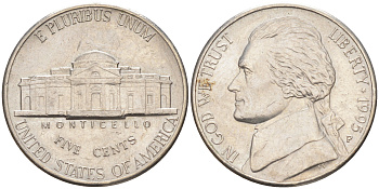 США 5 ЦЕНТОВ 1995 P, ДЖЕФФЕРСОН KM A192 медно-никель 4114-1116