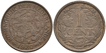 Нидерланды 1 цент 1920 Вильгельмина (1890-1948) KM 152 бронза 4576-729