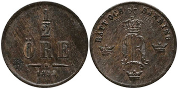 Швеция 1/2 эре 1858 Оскар I (1844-1859) KM 686 медь 201-1123