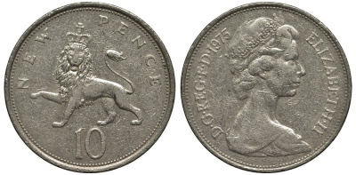 Великобритания 10 пенсов 1975 Елизавета II (1952-2022) KM 912, Spink 4231 (F1) медно-никель 3855-933