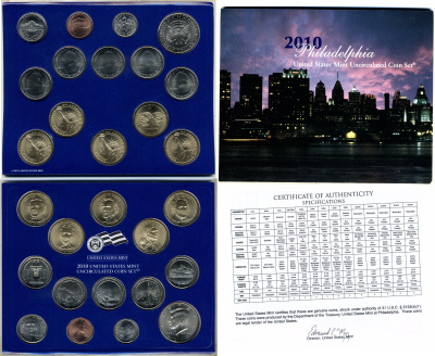 США полный годовой набор из 14 монет (1, 5, 10 (дайм) и 25 (квотер) центов; 1/2 (50 центов) и 1 доллар) 2010 P, в оригинальной упаковке с сертификатами KM 468, 381, 195a, A202b, 469, 470, 471, 472, 473, 474, 475, 476, 477 и 478 UNC 8-2-06-40
