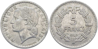 Франция 5 франков 1949 тип Лаврийе KM 888b.1, LE FRANC 339.17 алюминий 111-1126