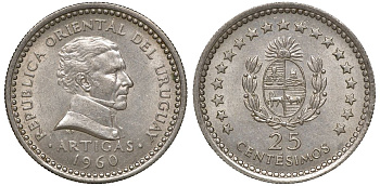 Уругвай 25 сентесимо 1960 KM 40 медно-никель 4169-941