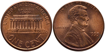 США 1 ЦЕНТ 1995 ЛИНКОЛЬН KM 201b цинк плакированный медью 66-1054