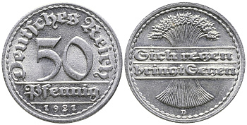 ГЕРМАНИЯ 50 ПФЕННИГОВ 1921 D KM 27, J. 301 алюминий 24-1024