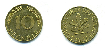 ФРГ 10 ПФЕННИГОВ 1983 J KM 108, J.383 сталь плакированная латунью 46-1333