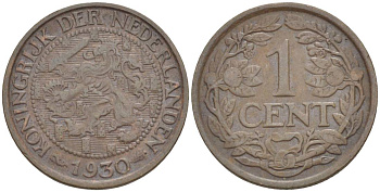 НИДЕРЛАНДЫ 1 ЦЕНТ 1930 ВИЛЬГЕЛЬМИНА I (1891-1948) KM 152 бронза 4532-959