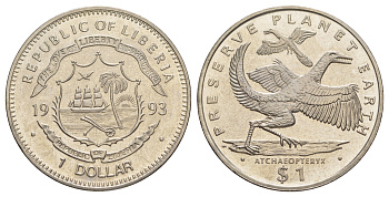 Либерия 1 доллар 1993 Сохраним планету Земля - Археоптерикс KM 112 медно-никель 1530-535