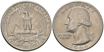 США 25 центов (квотер) 1966 Вашингтон KM 164a медь плакированная медно-никелем 4601-1041