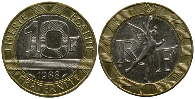 Франция 10 франков 1988 тип гений Бастилии KM 964.1, Le Franc 375.2 биметалл 3334-232