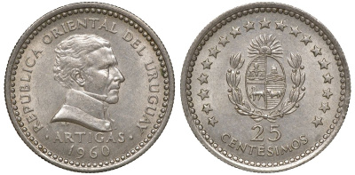 Уругвай 25 сентесимо 1960 KM 40 медно-никель 4169-941