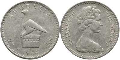 Британская Родезия 2 шиллинга (20 центов) 1964 Елизавета II (1953-), головной убор с птицей KM 3 медно-никель 00-00
