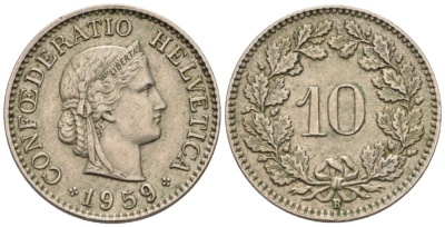 Швейцария 10 раппенов 1959 В KM 27 медно-никель 4576-949