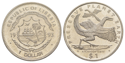 Либерия 1 доллар 1993 Сохраним планету Земля - Археоптерикс KM 112 медно-никель 1530-535