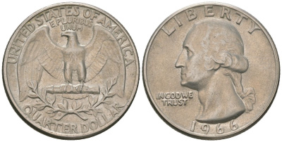 США 25 центов (квотер) 1966 Вашингтон KM 164a медь плакированная медно-никелем 4601-1041