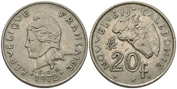 Французская Новая Каледония 20 франков 1972 три быка, (IEOM) KM 12, Schoen 14, Lec 106 никель 71-1213