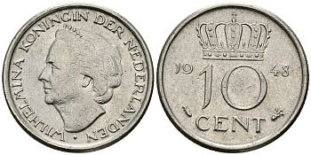 Нидерланды 10 центов 1948 Вильгельмина (1895-1948) KM 177 никель 96-522