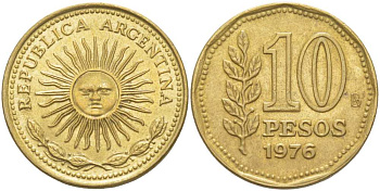 Аргентина 10 песо 1976 Ba, майское солнце KM 72 алюминиевая бронза 4514-945