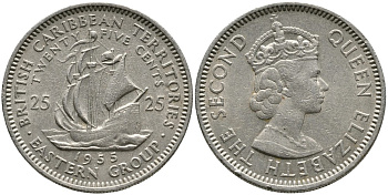 Британские Восточно-Карибские территории 25 центов 1955 Елизавета II (1952-2022), парусник KM 6 медно-никель 4529-821
