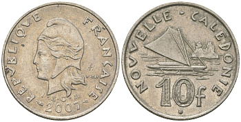 Французская Новая Каледония 10 франков 2007 рыбачья парусная лодка, (IEOM) KM 11a, Schoen 13a, Lec 99k медно-никель 58-455