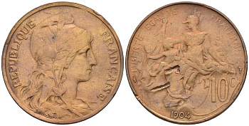 Франция 10 сантимов 1904 тип Даниэль-Дюпюи KM 843, Le Franc 136.14 бронза 221-424