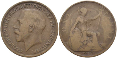 Великобритания 1 пенни 1917 Георг V (1910-1936) KM 810, Spink 4051 бронза 115-115