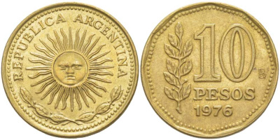 Аргентина 10 песо 1976 Ba, майское солнце KM 72 алюминиевая бронза 4514-945