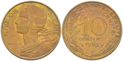 ФРАНЦИЯ 10 САНТИМОВ 1983 ТИП MARIANNE KM 929, LE FRANC 144.23 алюминиевая бронза 217-231
