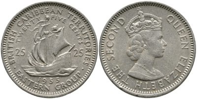 Британские Восточно-Карибские территории 25 центов 1955 Елизавета II (1952-2022), парусник KM 6 медно-никель 4529-821