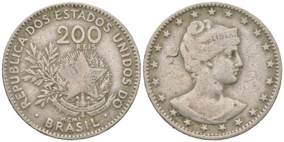 Бразилия 200 реалов 1901 MCMI, голова свободы вправо KM 504 медно-никель 4612-237