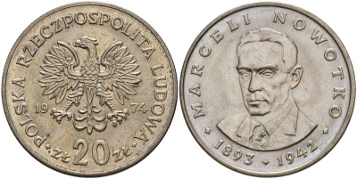 Польша 20 злотых 1974 MW, Марцелий Новотко KM 69, Parchimowicz 246 медно-никель 4157-1023