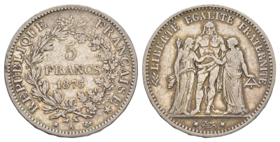 Франция 5 франков 1875 А, Геракл с богинями равенства и братства KM 820 серебро 1519-834