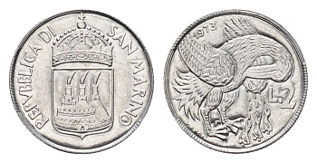 Сан-Марино 2 лиры 1973 KM 23 алюминий UNC 4387-826