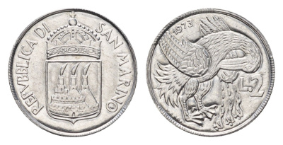 Сан-Марино 2 лиры 1973 KM 23 алюминий UNC 4387-826