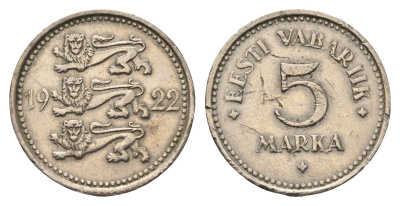 Эстония 5 марок 1922 год-тип KM 3 медно-никель 4364-1153