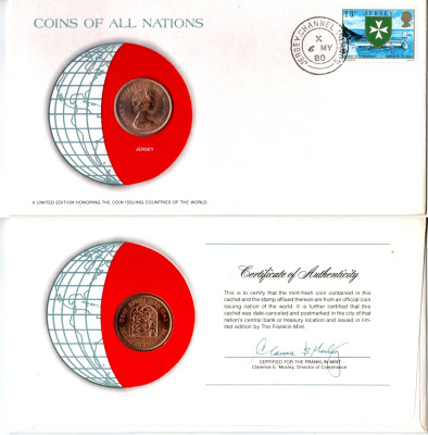 Джерси 2 пенса 1980 конверт с маркой первого дня гашения, Coins of Nations KM 31 бронза UNC 4294-61-2