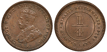 Стрейтс-Сетлментс 1/4 цента 1916 Георг V (1910-1936) KM 27 бронза 00-801-68