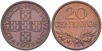 ПОРТУГАЛИЯ 20 СЕНТАВО 1971 KM 595 бронза 4516-814