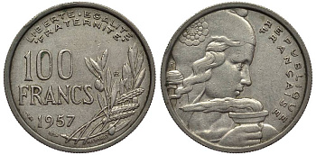 Франция 100 франков 1957 В, тип COCHET KM 919.1, Le Franc 450.11 медно-никель 27-757