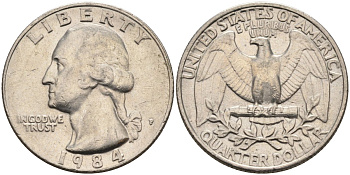 США 25 центов (квотер) 1984 P, Вашингтон KM A164a медь плакированная медно-никелем 4584-1217