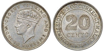 Британская Малайя 20 центов 1939 Георг VI (1937-1952) KM 5 серебро 53-343